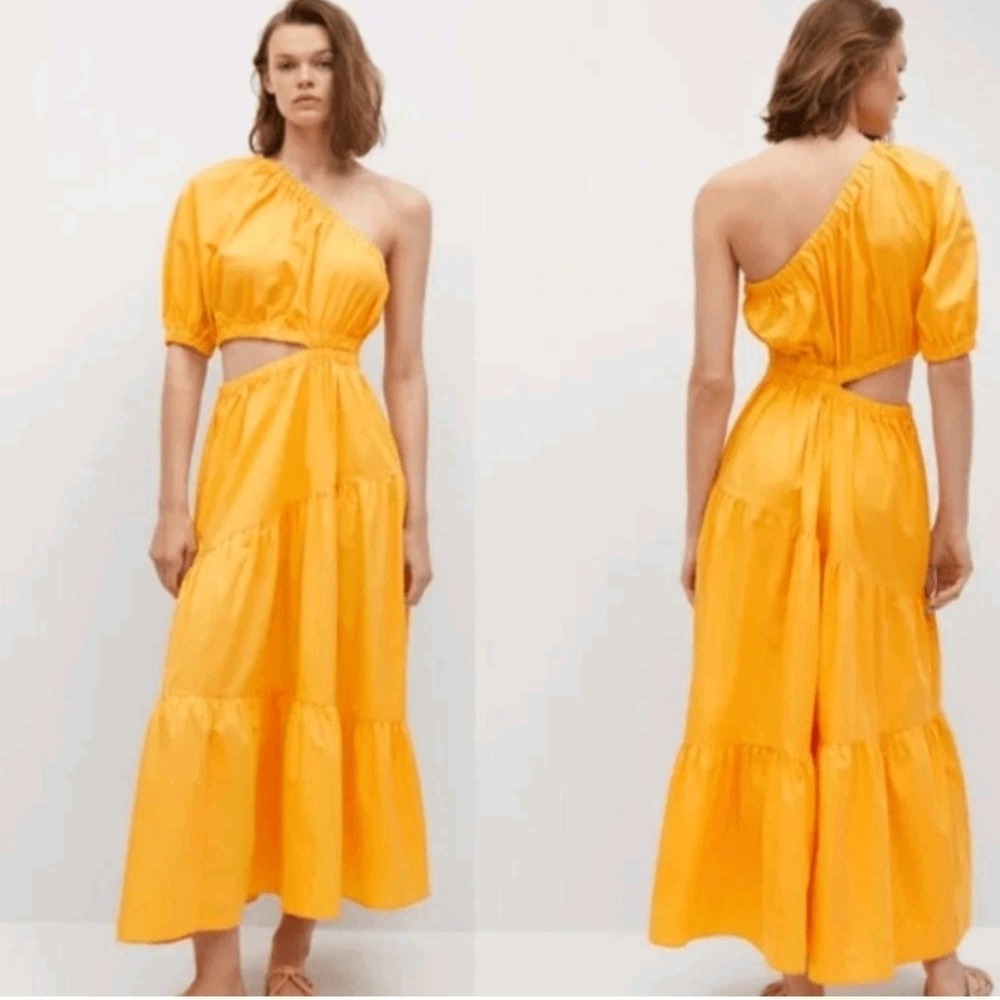 Mango Nieve Vent Orange Bright Yellow One Choulder‎ Cut Out Tiered Maxi Dress M